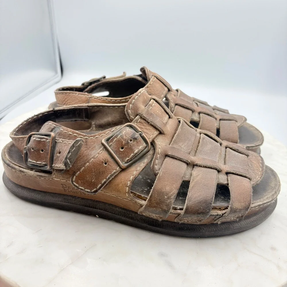 VTG Dr. Martens Fisherman Sandals Mens 9 UK 8 Brown Leather England Preppy FLAWS